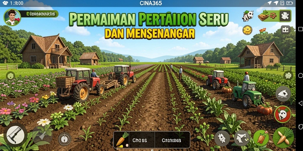 Screenshot gameplay CINA365 menampilkan suasana pertanian yang hidup dan menarik.