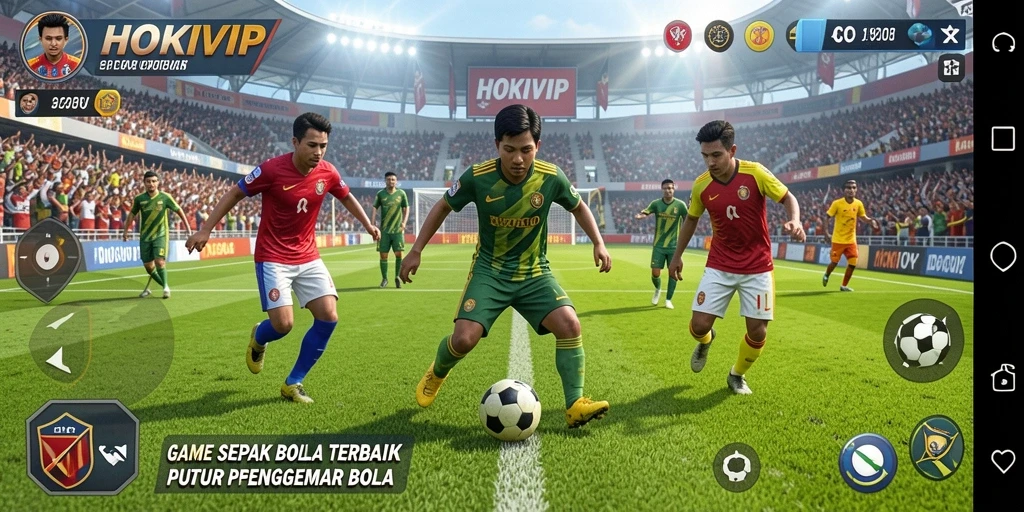 Gameplay HOKIVIP menampilkan aksi sepak bola yang mendebarkan.