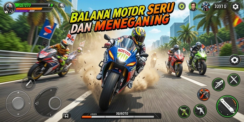 Tampilan gameplay menegangkan dari KOSTOTO saat balapan motor.