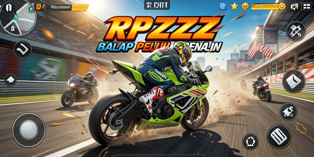 Tampilan gameplay RPZZZ dengan motor balap yang cepat dan trek menantang.